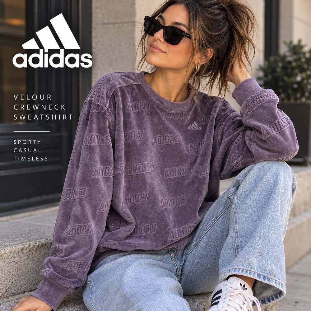 ADIDAS Women’s Purple Velour Embossed All Over Logo Crewneck Sweatshirt L